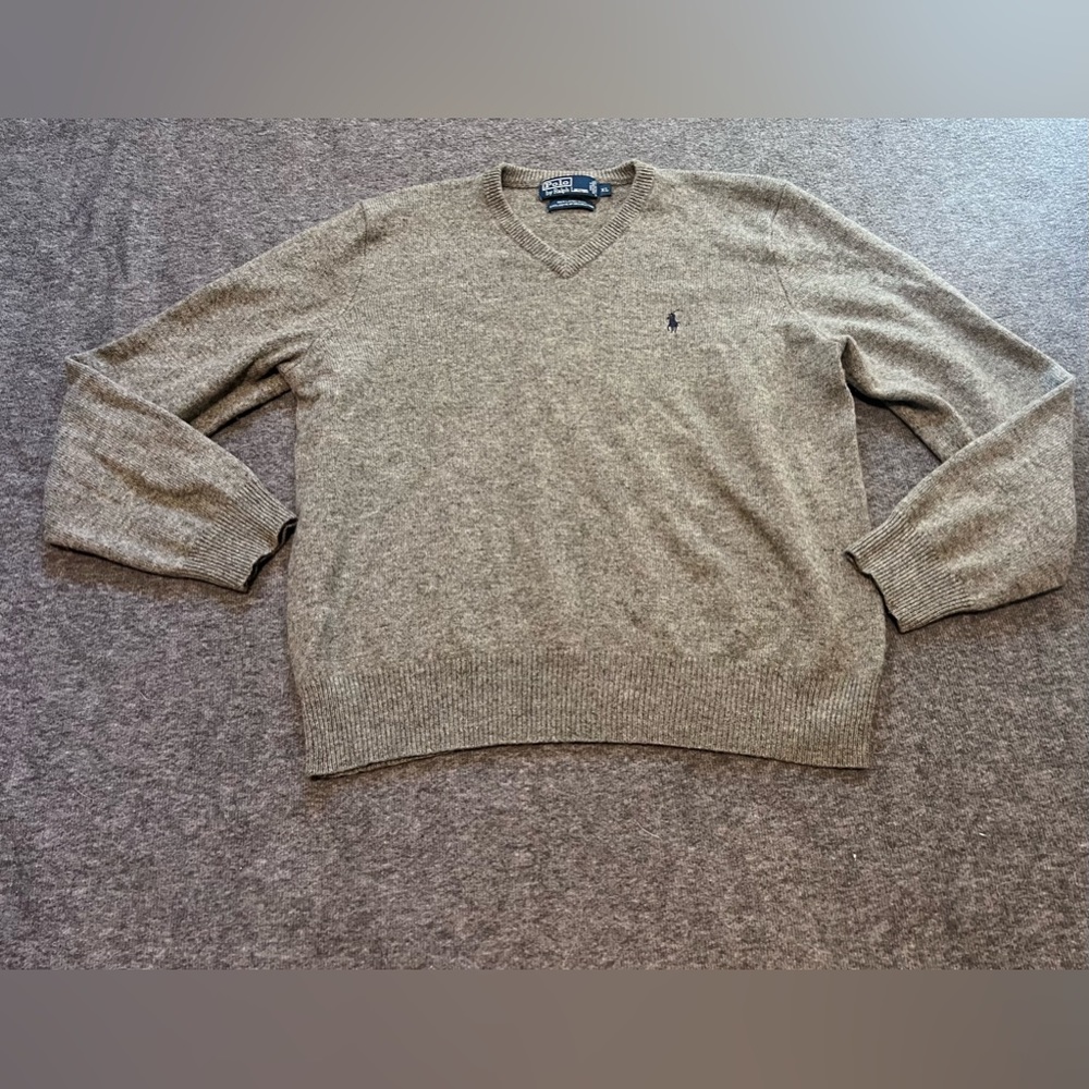 Polo By Ralph Lauren Size XL 100% Lambs Wool V Neck Sweater Grey